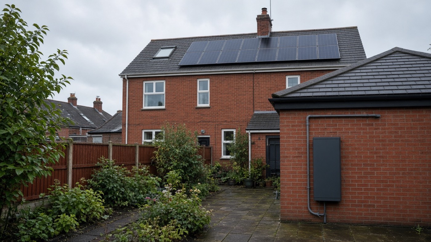 Solar panels on a UK brick house, with a battery on the garage wall