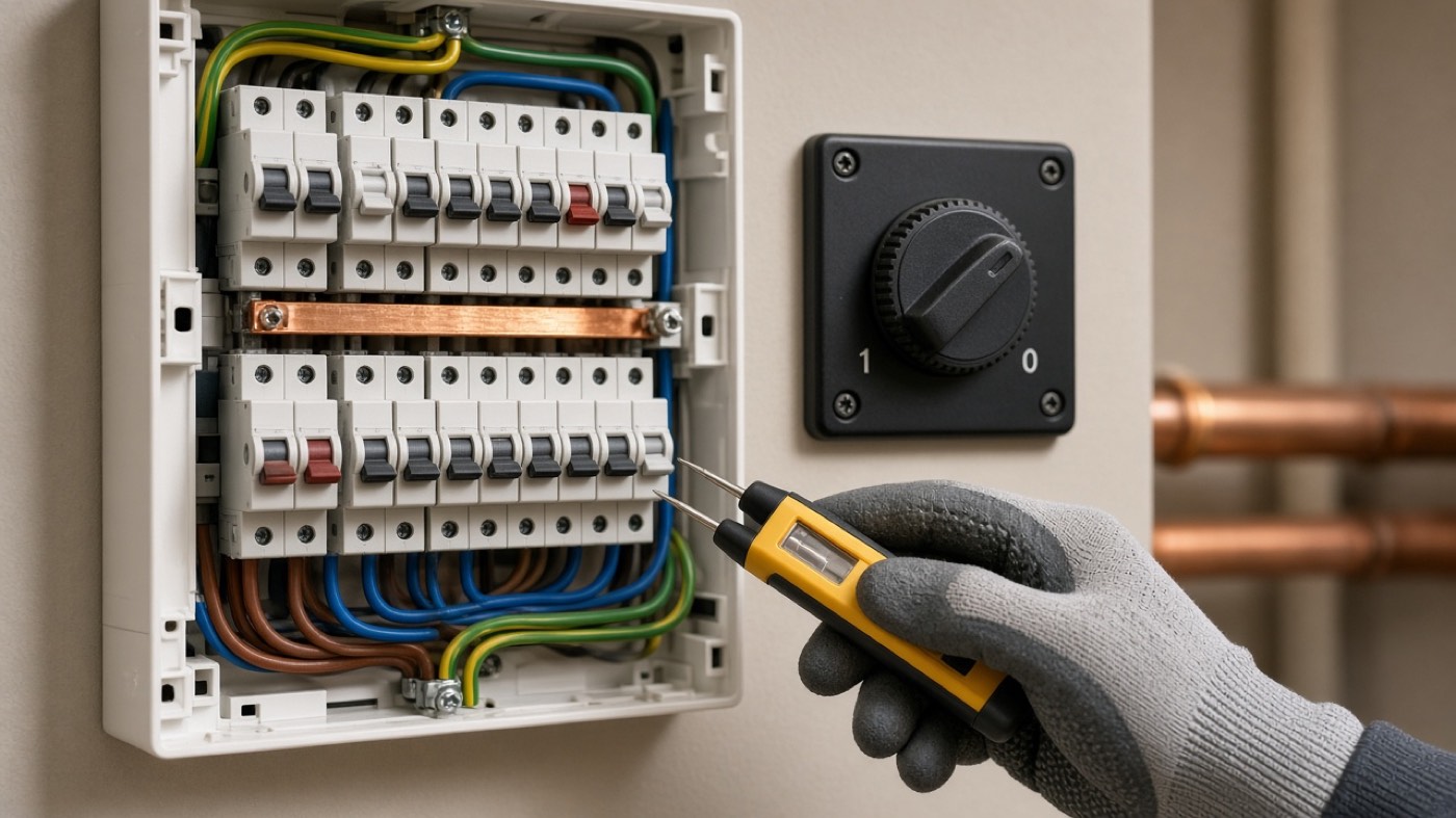 An open consumer unit and rotary isolator during a battery survey