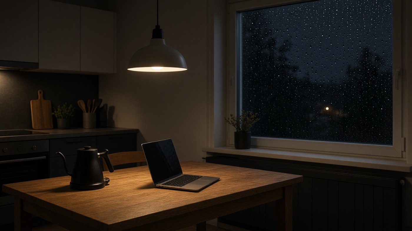 A UK kitchen at night, running while the battery covers the house